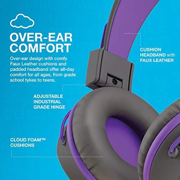 Auriculares supraurales con cable para niños JLab JBuddies Studio, color grafito/morado, aptos para niños pequeños, con control de volumen, limitador de volumen, plegables, ajustab