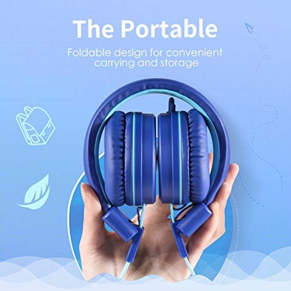 Auriculares estéreo POWMEE P10 para niños y niñas con micrófono, control de volumen ajustable de 85 dB/94 dB, plegables, supraaurales, para la escuela, PC y teléfono móvil (azul)