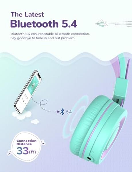 Auriculares Bluetooth para niños iClever, BTH02, 93 horas de autonomía, carga rápida tipo C, Bluetooth 5.4, ajustables, volumen seguro de 85 dBA, plegables, inalámbricos y con micr