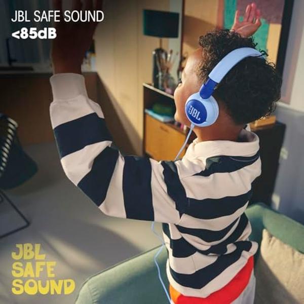 JBL Junior 320 - Auriculares supraurales con cable para niños. Sonido seguro (<85 dB), micrófono integrado, aptos para niños y personalizables con pegatinas incluidas (azul)