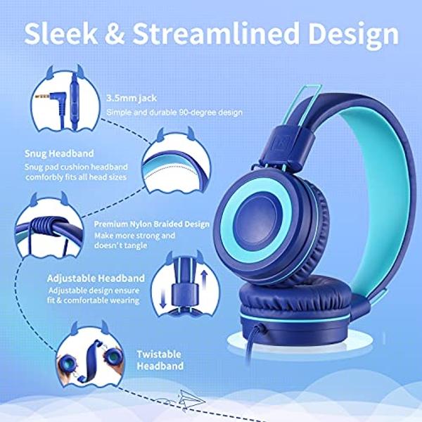 Auriculares estéreo POWMEE P10 para niños y niñas con micrófono, control de volumen ajustable de 85 dB/94 dB, plegables, supraaurales, para la escuela, PC y teléfono móvil (azul)