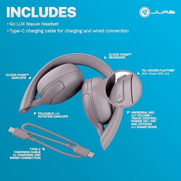 Auriculares inalámbricos JLab Go Lux ANC, color malva, con cancelación activa de ruido híbrida, supraaurales premium con Bluetooth, sonido personalizable, modo Be Aware, comodidad 