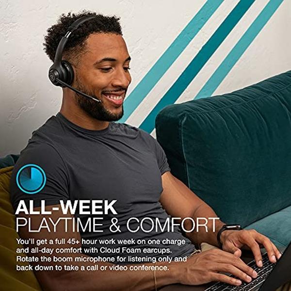 Auriculares inalámbricos JLab Go Work con micrófono, Bluetooth para PC con más de 45 horas de reproducción y conexión multipunto a portátiles y dispositivos móviles, con cable o in