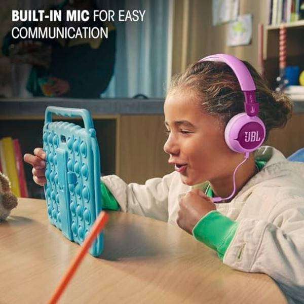 JBL Junior 320 - Auriculares supraurales con cable para niños. Sonido seguro (<85 dB), micrófono integrado, aptos para niños y personalizables con pegatinas incluidas (azul)