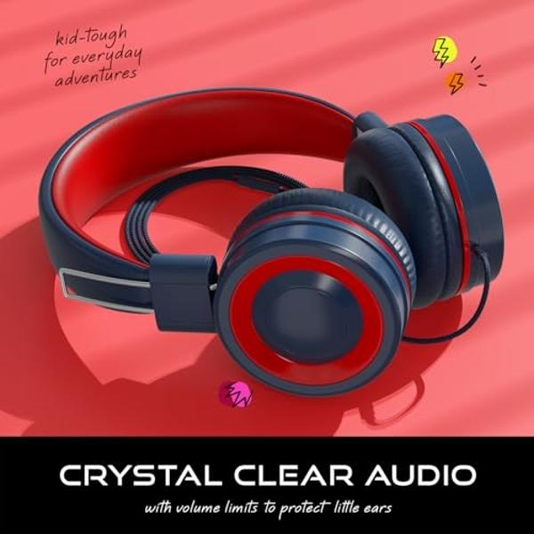 Auriculares MYZI para niños con cable, plegables, con micrófono, cable antienredos, volumen seguro de 85 dB, ideales para iPad, escuela y avión, color azul marino