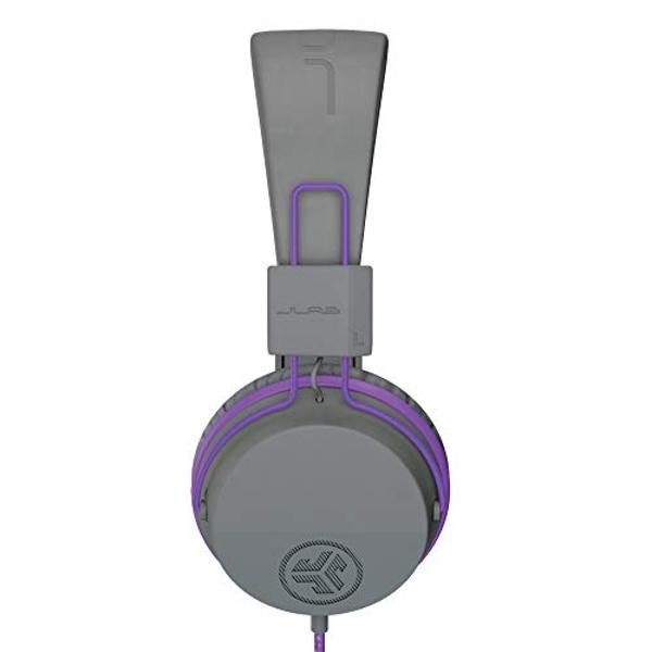 Auriculares supraurales con cable para niños JLab JBuddies Studio, color grafito/morado, aptos para niños pequeños, con control de volumen, limitador de volumen, plegables, ajustab