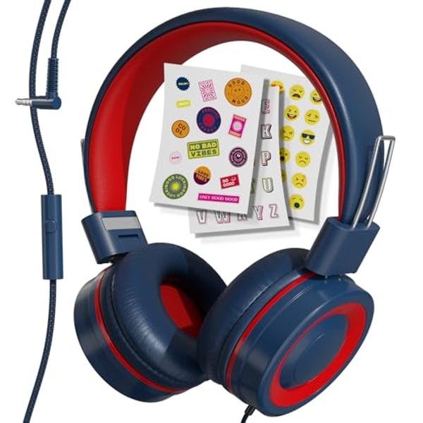 Auriculares MYZI para niños con cable, plegables, con micrófono, cable antienredos, volumen seguro de 85 dB, ideales para iPad, escuela y avión, color azul marino