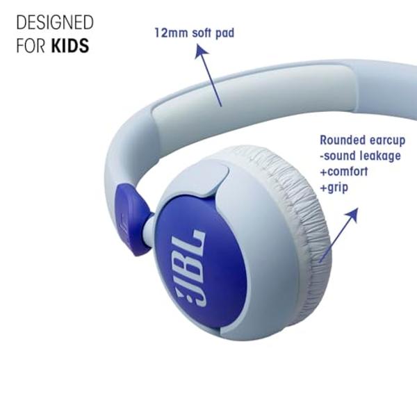JBL Junior 320 - Auriculares supraurales con cable para niños. Sonido seguro (<85 dB), micrófono integrado, aptos para niños y personalizables con pegatinas incluidas (azul)