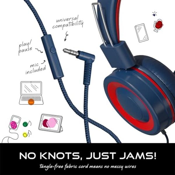 Auriculares MYZI para niños con cable, plegables, con micrófono, cable antienredos, volumen seguro de 85 dB, ideales para iPad, escuela y avión, color azul marino
