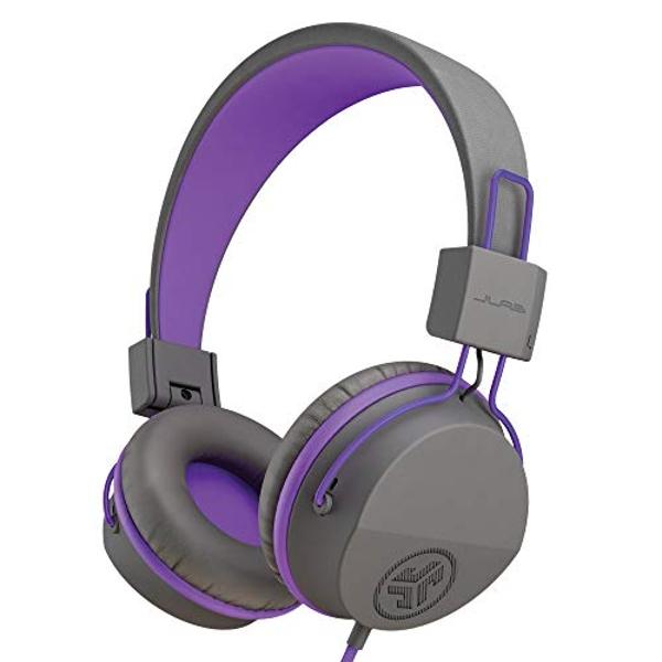 Auriculares supraurales con cable para niños JLab JBuddies Studio, color grafito/morado, aptos para niños pequeños, con control de volumen, limitador de volumen, plegables, ajustab