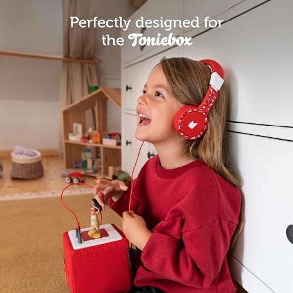 Auriculares plegables con cable Tonies para niños - Diseño cómodo para colocar sobre la oreja - Compatibles con Toniebox y todos los dispositivos de 3,5 mm - Rojo