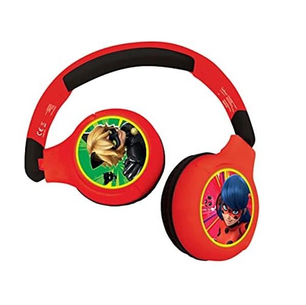 Auriculares Bluetooth 2 en 1 Lexibook de Ladybug y Cat Noir para niños: estéreo, inalámbricos y con cable, seguros para niños, plegables y ajustables, HPBT010MI