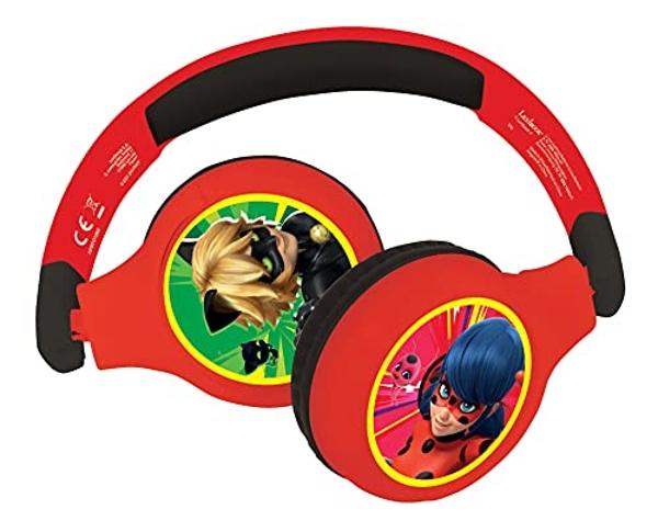 Auriculares Bluetooth 2 en 1 Lexibook de Ladybug y Cat Noir para niños: estéreo, inalámbricos y con cable, seguros para niños, plegables y ajustables, HPBT010MI