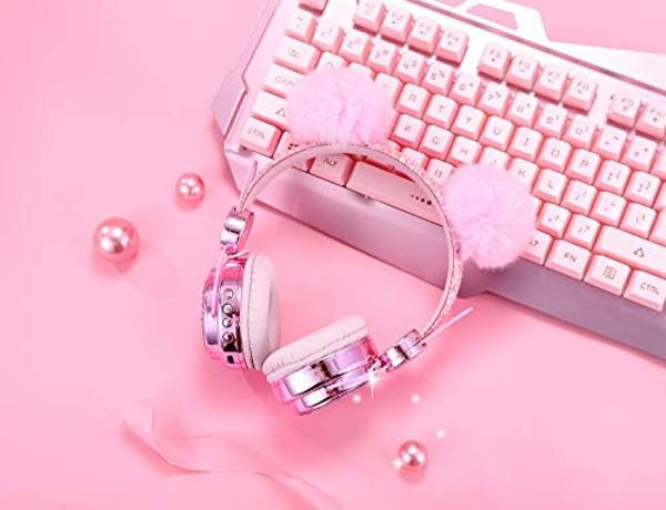 Auriculares inalámbricos KORABA con Bluetooth 5.0, luces LED que cambian de color y micrófono, para niñas, 10 horas de duración, para la escuela y Navidad (rosa)