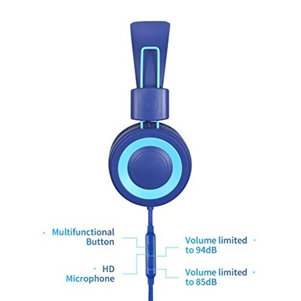 Auriculares estéreo POWMEE P10 para niños y niñas con micrófono, control de volumen ajustable de 85 dB/94 dB, plegables, supraaurales, para la escuela, PC y teléfono móvil (azul)