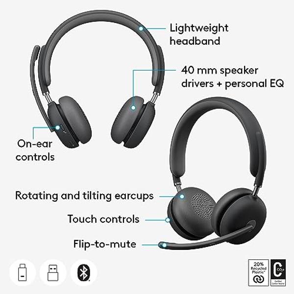 Auriculares con cancelación de ruido premium Logitech Zone 950 con ANC híbrido, Bluetooth, USB-C, USB-A, certificados para Zoom, Google Meet, Google Voice y Fast Pair - Grafito