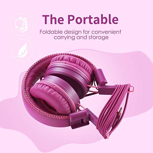 Auriculares POWMEE M1 para niños, con cable, plegables, ajustables, estéreo, antienredos, con conector jack de 3,5 mm, supraaurales (morado)