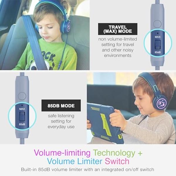 MEE audio KidJamz KJ55 - Auriculares USB-C de escucha segura para niños con luces LED multicolor, limitador de volumen y micrófono; auriculares supraaurales con cable para iPhone 1