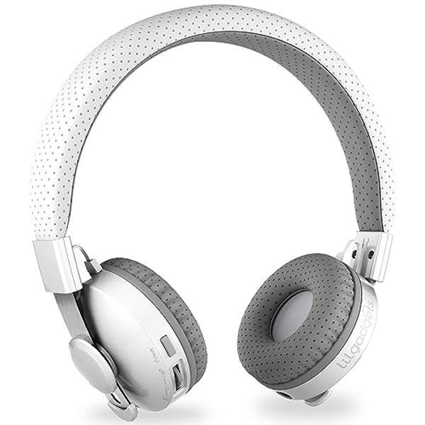 Auriculares supraaurales Bluetooth para niños LilGadgets Untangled Pro, para la escuela, con micrófono, volumen limitado, tecnología SharePort, acolchado suave al tacto, color blan