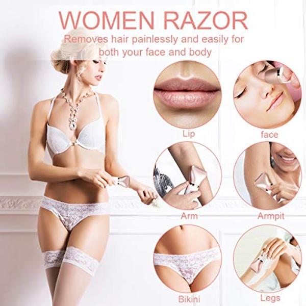 Afeitadora eléctrica para mujer: afeitadora indolora 2 en 1 para rostro, piernas y axilas, afeitadora portátil para bikini, con 2 cabezales de corte y recarga micro USB.