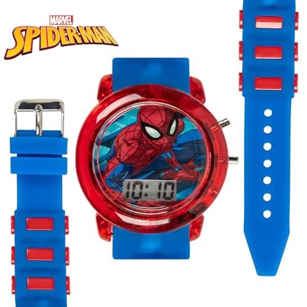Reloj LCD infantil de Marvel Spider-Man: pulsera con luz LED intermitente, pantalla digital de hora, diseño en rojo y azul, caja de plástico resistente, correa de silicona ajustabl