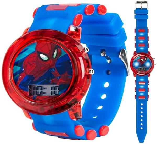 Reloj LCD infantil de Marvel Spider-Man: pulsera con luz LED intermitente, pantalla digital de hora, diseño en rojo y azul, caja de plástico resistente, correa de silicona ajustabl