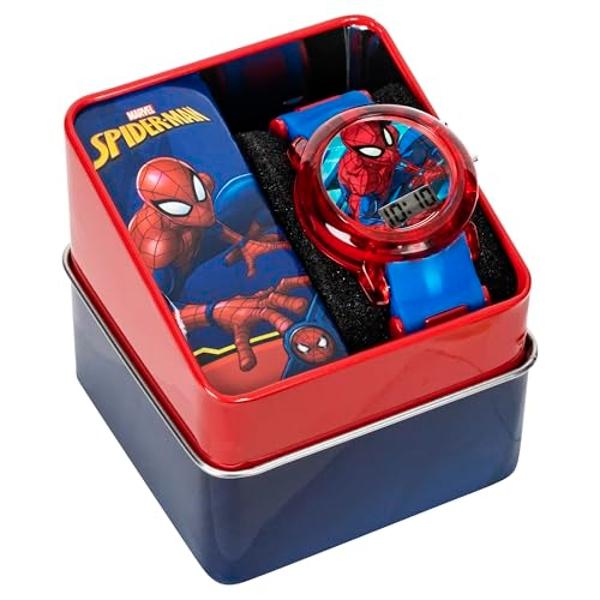 Reloj LCD infantil de Marvel Spider-Man: pulsera con luz LED intermitente, pantalla digital de hora, diseño en rojo y azul, caja de plástico resistente, correa de silicona ajustabl