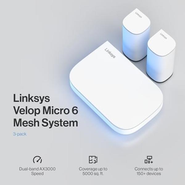 Sistema WiFi 6 Micro Mesh Multi-Gigabit de Linksys | Conecta más de 100 dispositivos | Hasta 5000 pies cuadrados | Velocidades de hasta 3.0 Gbps | Paquete de 3 | No requiere aplica