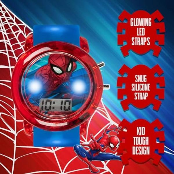 Reloj LCD infantil de Marvel Spider-Man: pulsera con luz LED intermitente, pantalla digital de hora, diseño en rojo y azul, caja de plástico resistente, correa de silicona ajustabl