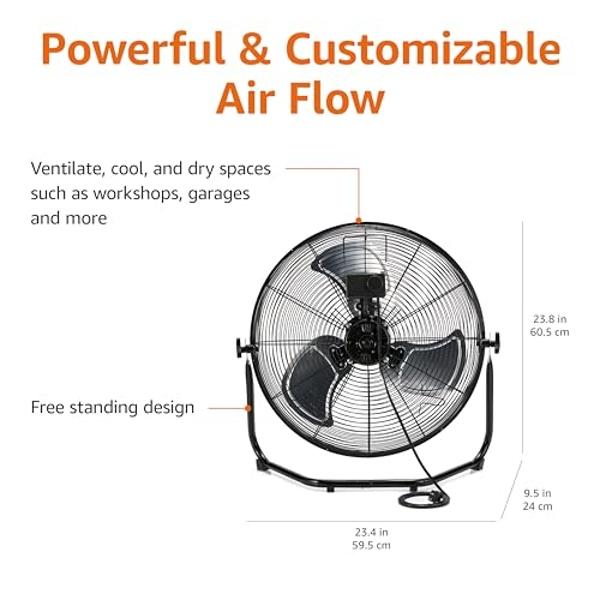 Ventilador industrial de piso Amazon Basics de 20" de alta velocidad, con 3 velocidades, cabezal inclinable, certificación ETL, carcasa y aspas metálicas, ideal para espacios indus