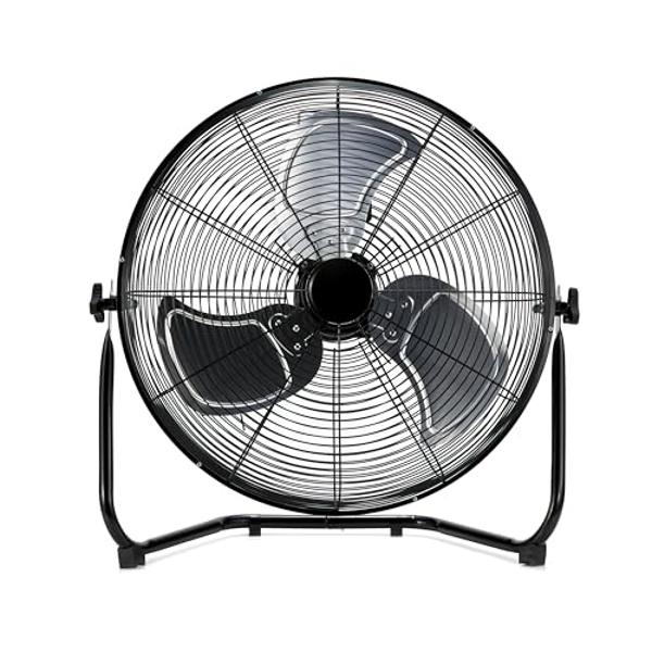 Ventilador industrial de piso Amazon Basics de 20" de alta velocidad, con 3 velocidades, cabezal inclinable, certificación ETL, carcasa y aspas metálicas, ideal para espacios indus