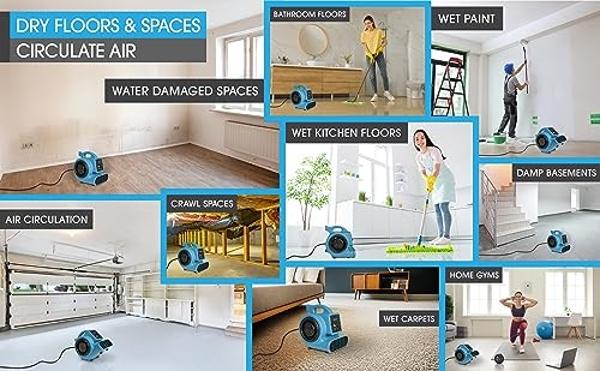 Miniventilador PURAERO | Secador de alfombras y soplador | Ventilador de piso de alta velocidad para espacios de acceso, áticos, sótanos y baños | 1/5 HP 800 CFM | Restauración de 