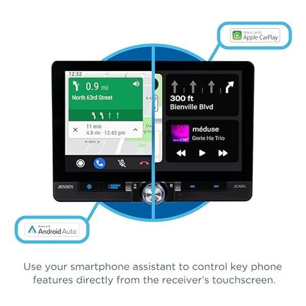 Radio estéreo Jensen J1CA8FL de 8 pulgadas con Android Auto, con certificación Apple CarPlay y cable, con o sin cable | Radio estéreo para coche con pantalla táctil DIN simple y do