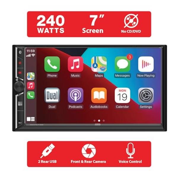 Radio estéreo para coche Dual Electronics DCA73W de 7 pulgadas con Apple CarPlay y Android Auto, con o sin cable | Pantalla táctil doble DIN | Bluetooth | Entrada para cámara de re