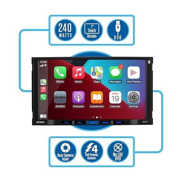 JENSEN J1CA7-BUC - Radio estéreo para coche de 7 pulgadas con Apple CarPlay y Android Auto | Pantalla táctil doble DIN | Llamadas manos libres y transmisión de música por Bluetooth