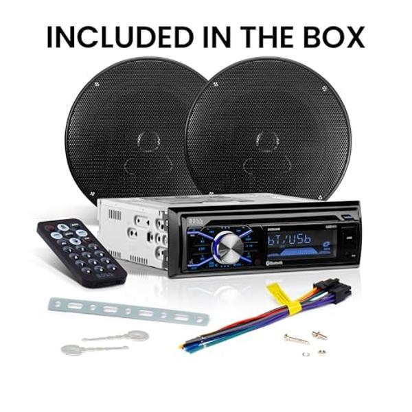 Sistema de audio Boss 656BCK, estéreo para coche, un DIN, Bluetooth, radio CD, MP3, USB, AM, FM, altavoces de rango completo de 6,5 pulgadas y 2 vías, color negro.
