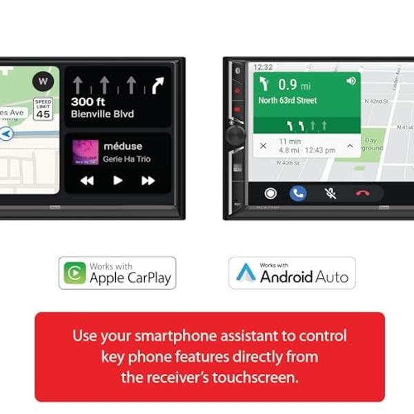 Radio estéreo para coche Dual Electronics DCA73W de 7 pulgadas con Apple CarPlay y Android Auto, con o sin cable | Pantalla táctil doble DIN | Bluetooth | Entrada para cámara de re