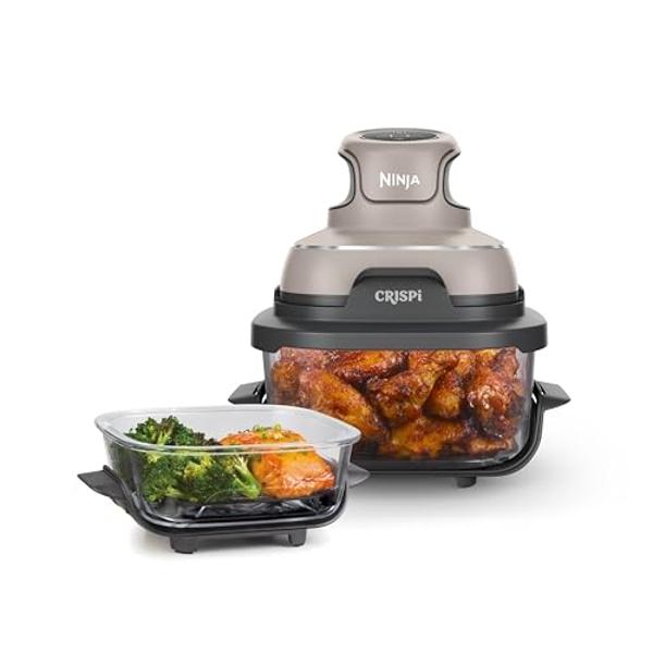 Freidora de aire Ninja Crispi, apta para microondas, congelador y lavavajillas, sistema de cocina portátil de vidrio no tóxico, recipientes de vidrio de 4 cuartos y 6 tazas con tap