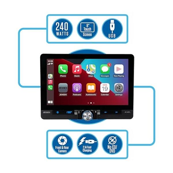 Radio estéreo Jensen J1CA8FL de 8 pulgadas con Android Auto, con certificación Apple CarPlay y cable, con o sin cable | Radio estéreo para coche con pantalla táctil DIN simple y do