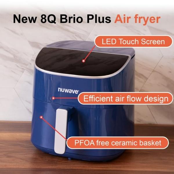 Freidora de aire Nuwave Brio Plus de 8 cuartos, color azul profundo, pantalla táctil LED digital con blanco frío, 10 °C a 200 °C con precisión de 5 °C, 3 opciones de potencia, 5 fu