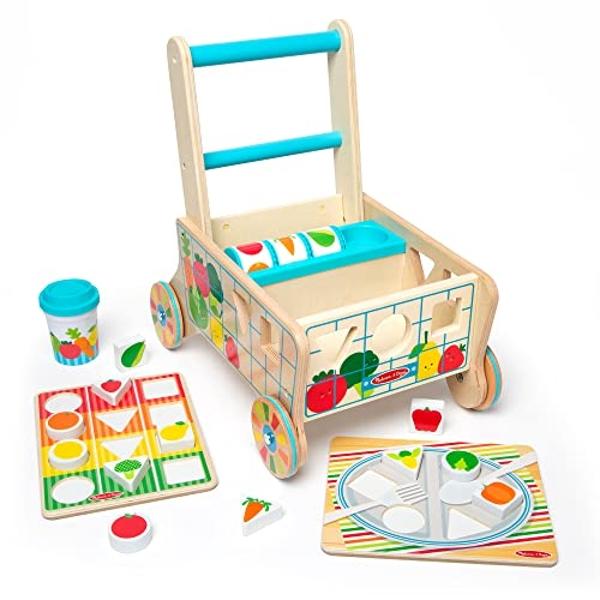 Melissa & Doug - Carrito de compras de madera para clasificar formas y rompecabezas - Juguetes de simulación para la compra, juguetes para clasificar y apilar para bebés y niños pe