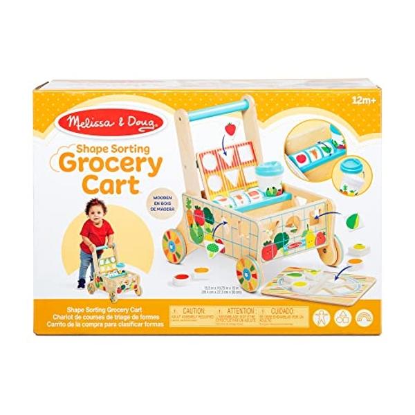 Melissa & Doug - Carrito de compras de madera para clasificar formas y rompecabezas - Juguetes de simulación para la compra, juguetes para clasificar y apilar para bebés y niños pe