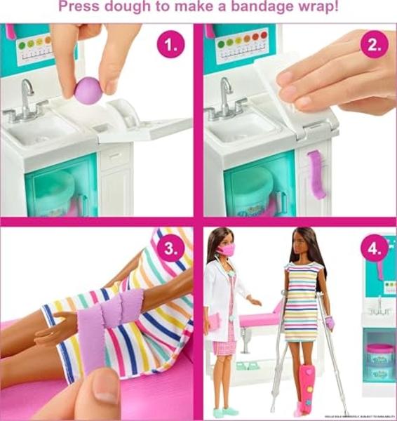 Set de juego Barbie Careers, Clínica de Casteo Rápido con Muñeca de Moda Doctora Morena, Muebles y más de 30 accesorios, incluyendo Moldes y Masa para Vendajes.