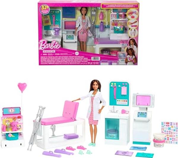 Set de juego Barbie Careers, Clínica de Casteo Rápido con Muñeca de Moda Doctora Morena, Muebles y más de 30 accesorios, incluyendo Moldes y Masa para Vendajes.