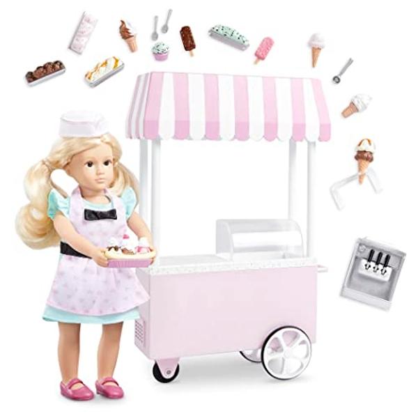 Lori – Mini muñeca y carrito de helados – Ropa y accesorios para muñecas de 15 cm – Cucharas, conos, helados suaves y paletas – Juguetes para niños – 3 años + – El carrito de helad