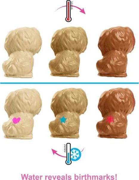 Conjunto de muñeca Barbie y mascotas: rubia con mamá perrita, 3 cachorros recién nacidos con función de cambio de color y accesorios para mascotas.
