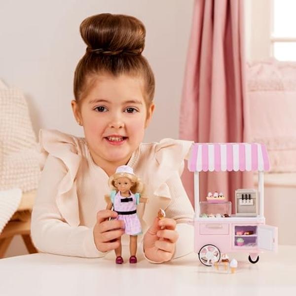 Lori – Mini muñeca y carrito de helados – Ropa y accesorios para muñecas de 15 cm – Cucharas, conos, helados suaves y paletas – Juguetes para niños – 3 años + – El carrito de helad
