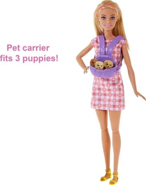 Conjunto de muñeca Barbie y mascotas: rubia con mamá perrita, 3 cachorros recién nacidos con función de cambio de color y accesorios para mascotas.