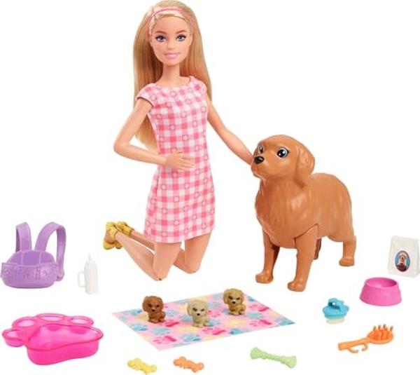 Conjunto de muñeca Barbie y mascotas: rubia con mamá perrita, 3 cachorros recién nacidos con función de cambio de color y accesorios para mascotas.