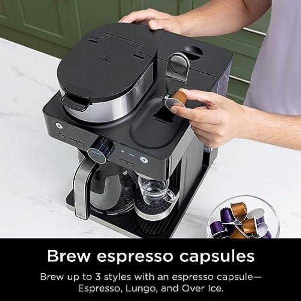 Cafetera y sistema barista Ninja Espresso, 3 estilos de preparación de espresso, compatible con cápsulas individuales y Nespresso, espumador integrado, cafetera para espresso, capu